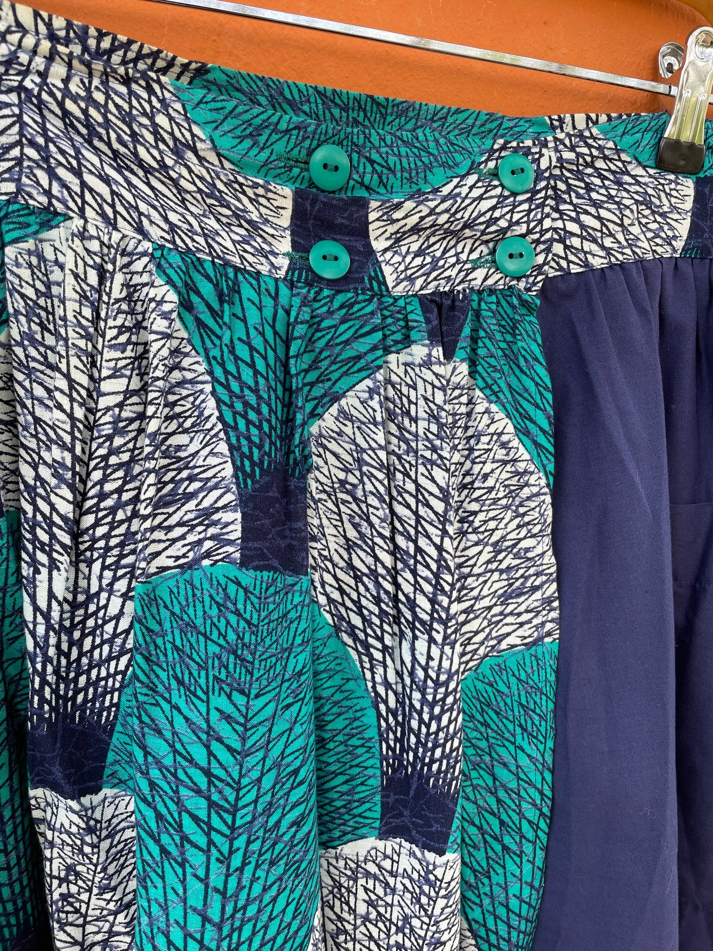 Vintage Francois Lagrange woman skirt, African style summer skirt, Blue and white midi skirt, 60s High waist colourful pring skirt,