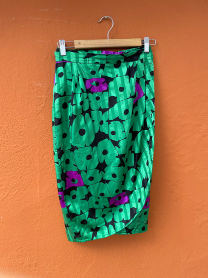 Vintage Floral Wrap Skirt 80s Green Purple Boho Midi