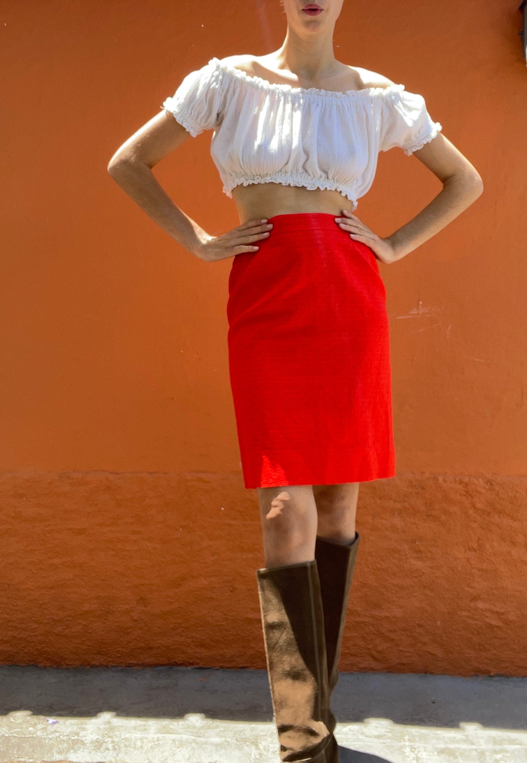 Sexy vibrant red pencil skirt, Scarlet mini skirt, Retro tight formal Secretary skirt, Good bum clothing