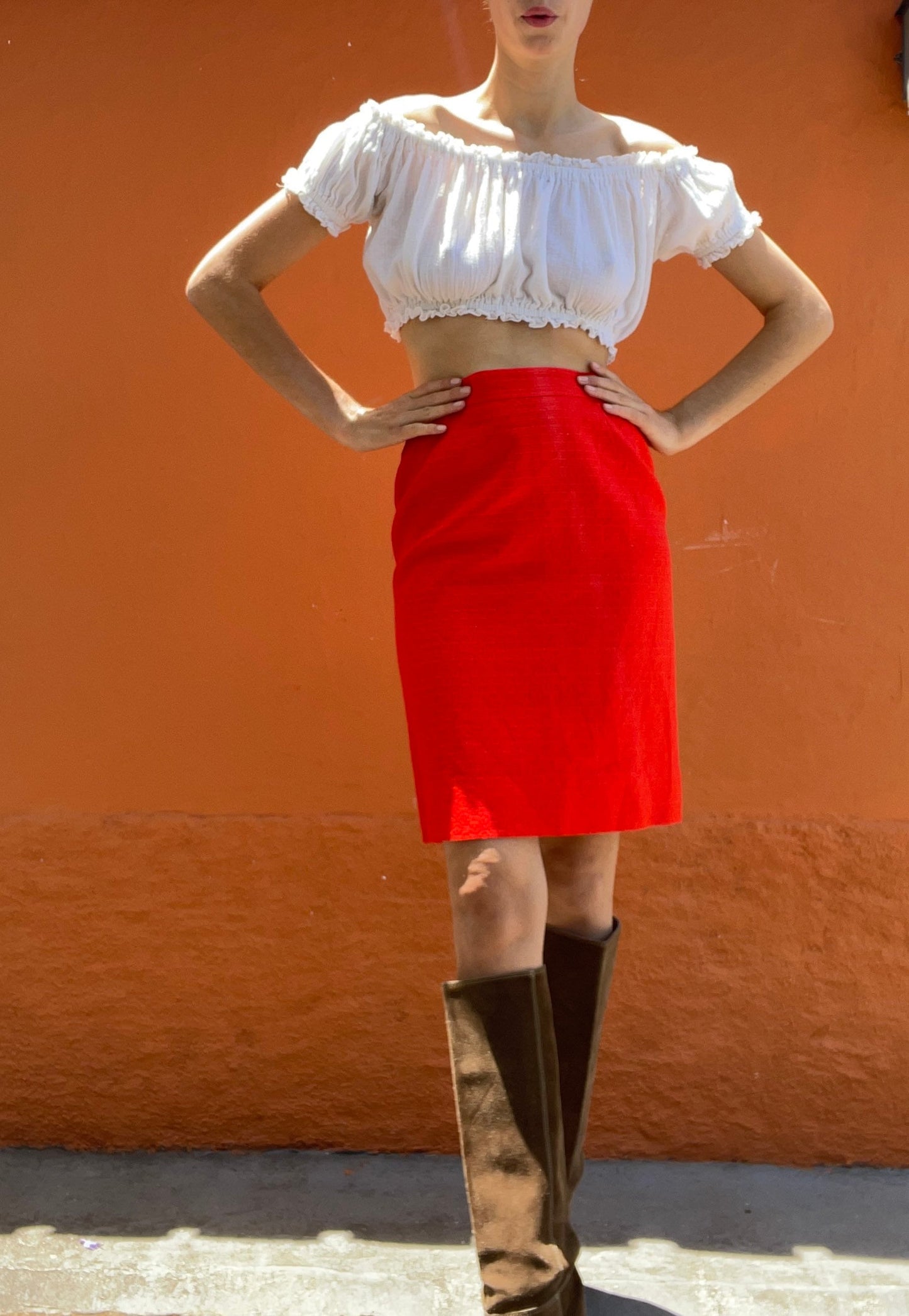 Vintage Scarlet Red Pencil Skirt | Retro 90s Officecore Vibes | Size S | Back Slit & Zipper Closure