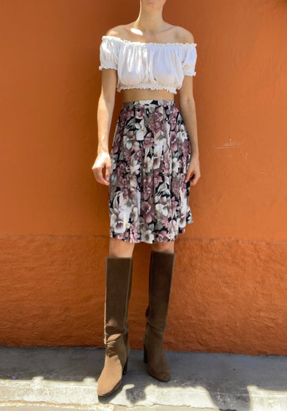 Black Floral Vintage Midi Skirt Pleated Y2K Boho Style