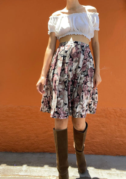 Black Floral Vintage Midi Skirt Pleated Y2K Boho Style