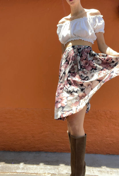 Black Floral Vintage Midi Skirt Pleated Y2K Boho Style