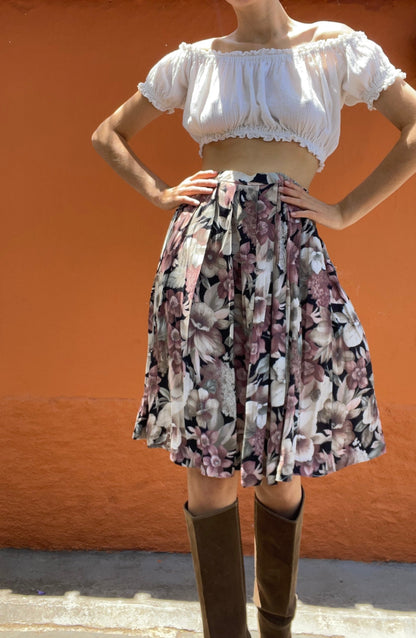 Black Floral Vintage Midi Skirt Pleated Y2K Boho Style