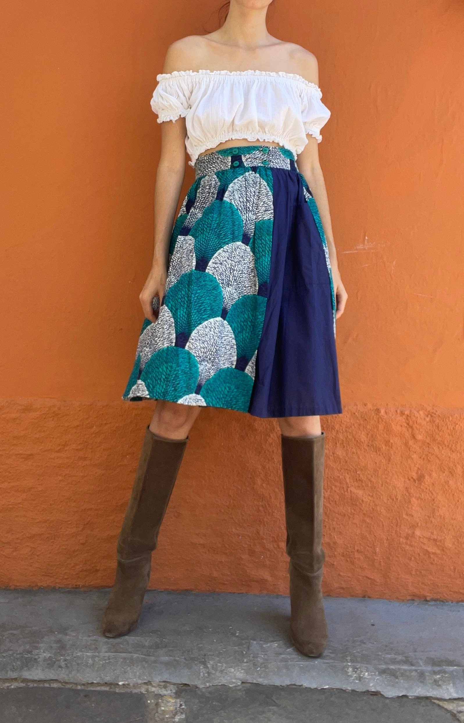 Vintage Francois Lagrange woman skirt, African style summer skirt, Blue and white midi skirt, 60s High waist colourful pring skirt,