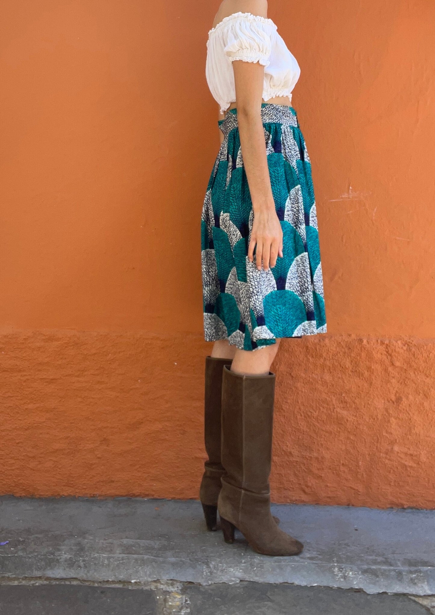 Vintage Francois Lagrange woman skirt, African style summer skirt, Blue and white midi skirt, 60s High waist colourful pring skirt,