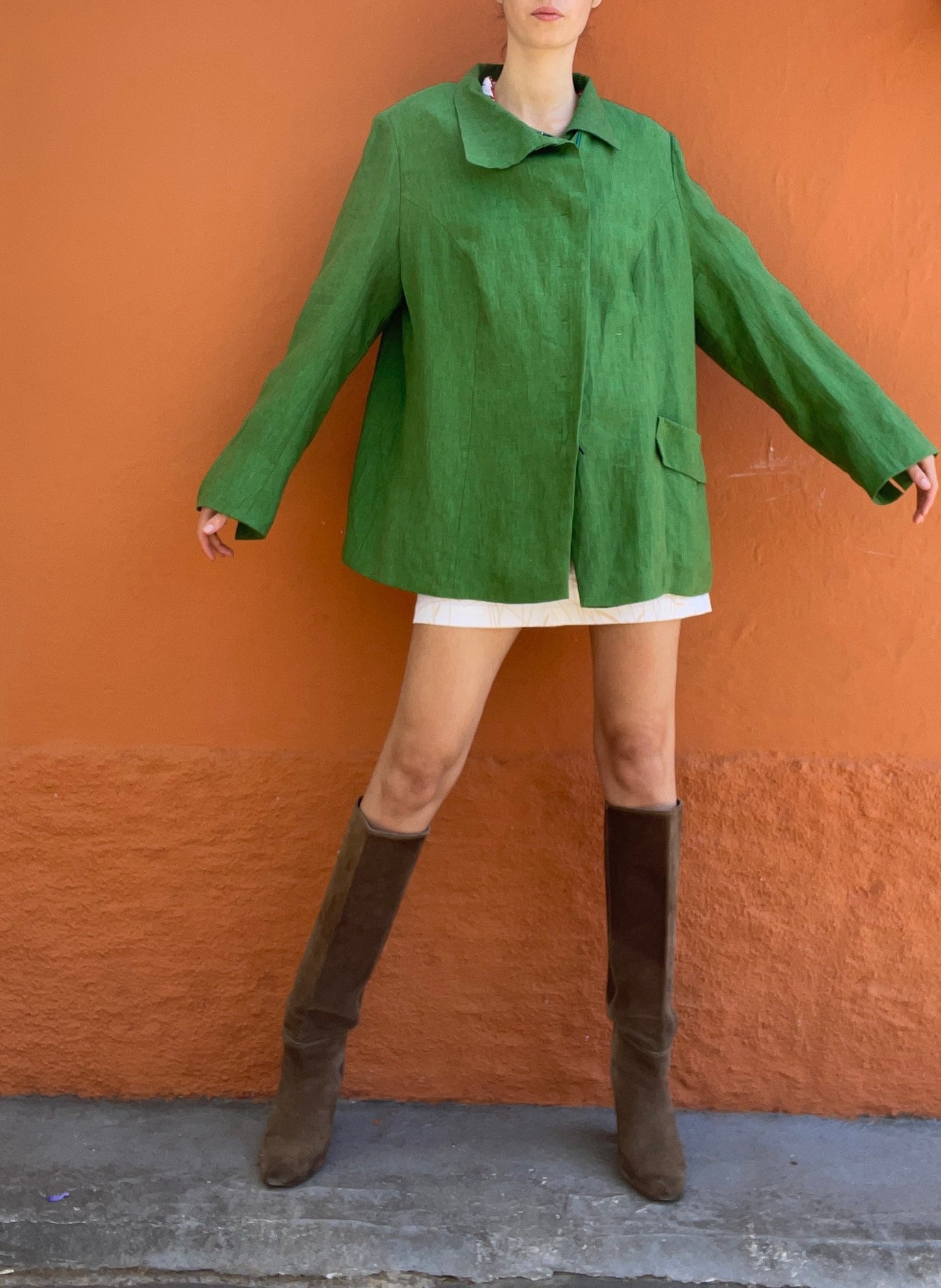 Vintage Emerald green linen blazer jacket, Berlin design feminine formal event wear, Classic design blazer