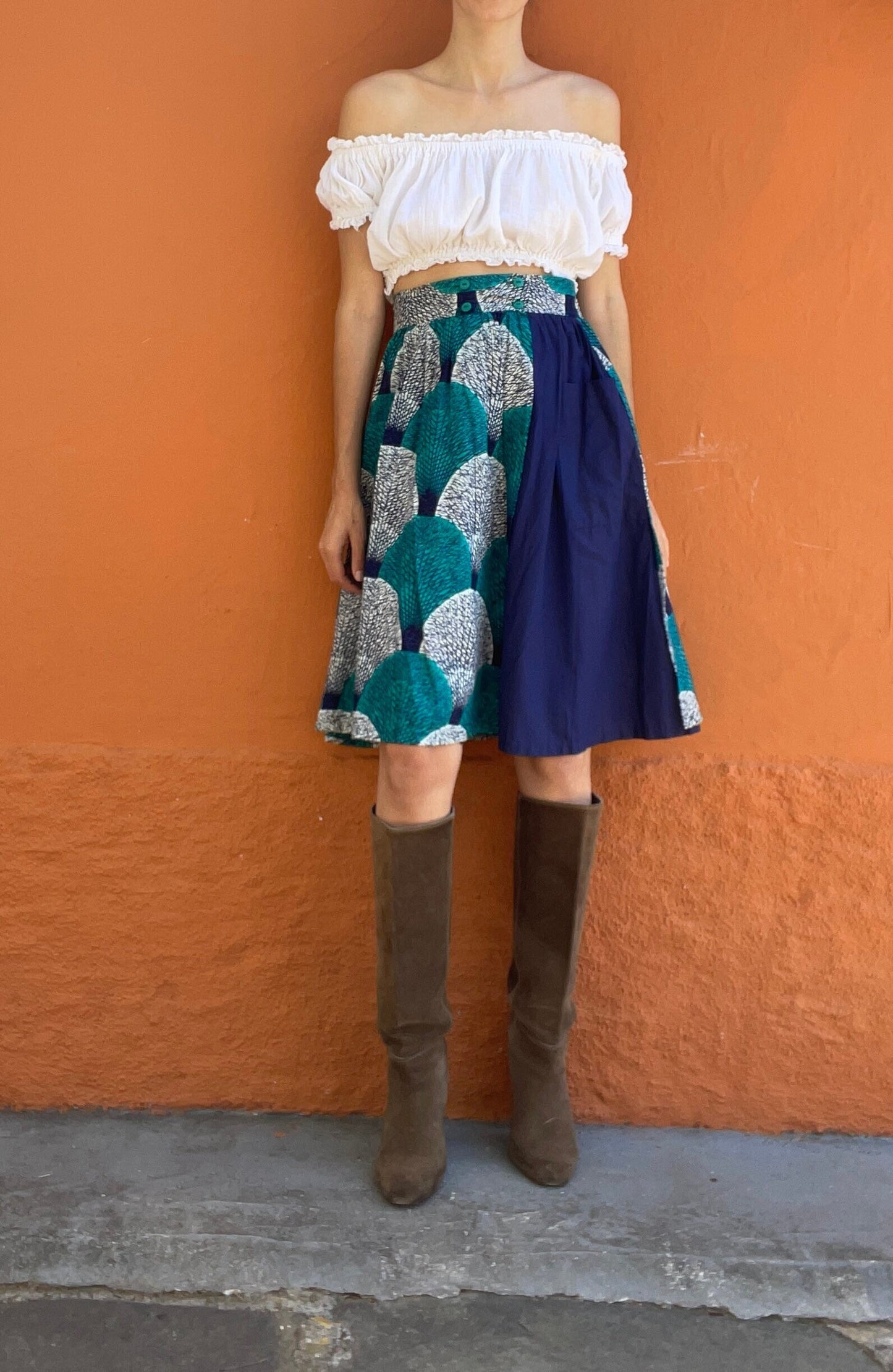 Vintage Francois Lagrange woman skirt, African style summer skirt, Blue and white midi skirt, 60s High waist colourful pring skirt,