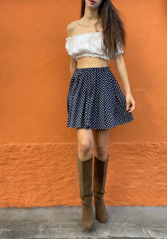 Vintage Navy Polka Dot Mini Skirt | Retro Elastic Waist Skater Skirt