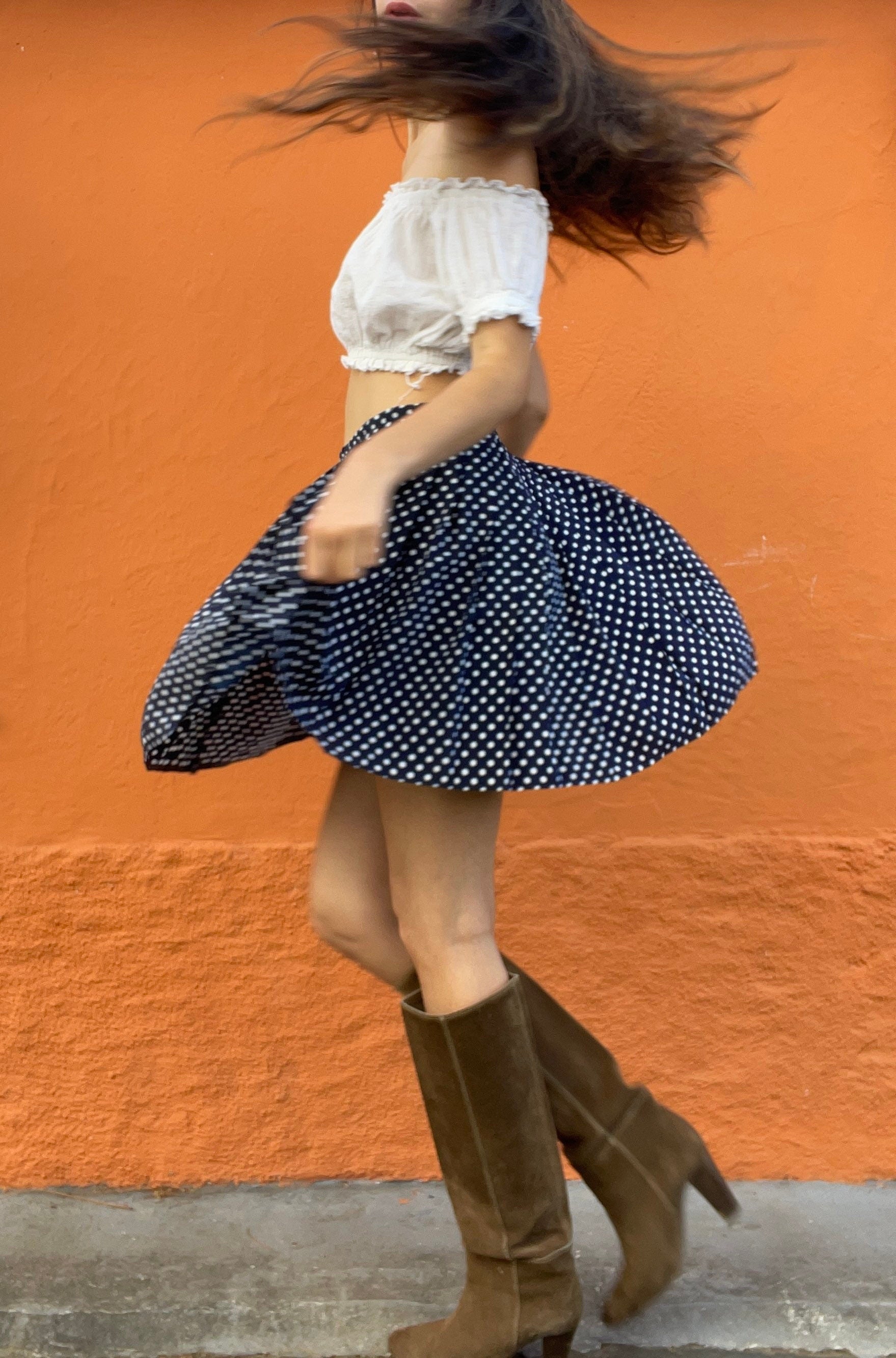Vintage Navy Polka Dot Mini Skirt | Retro Elastic Waist Skater Skirt