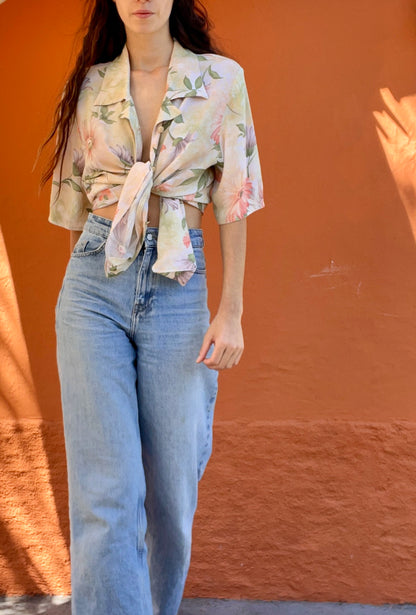 Vintage 70s Pastel Floral Blouse, Button-Up Shirt