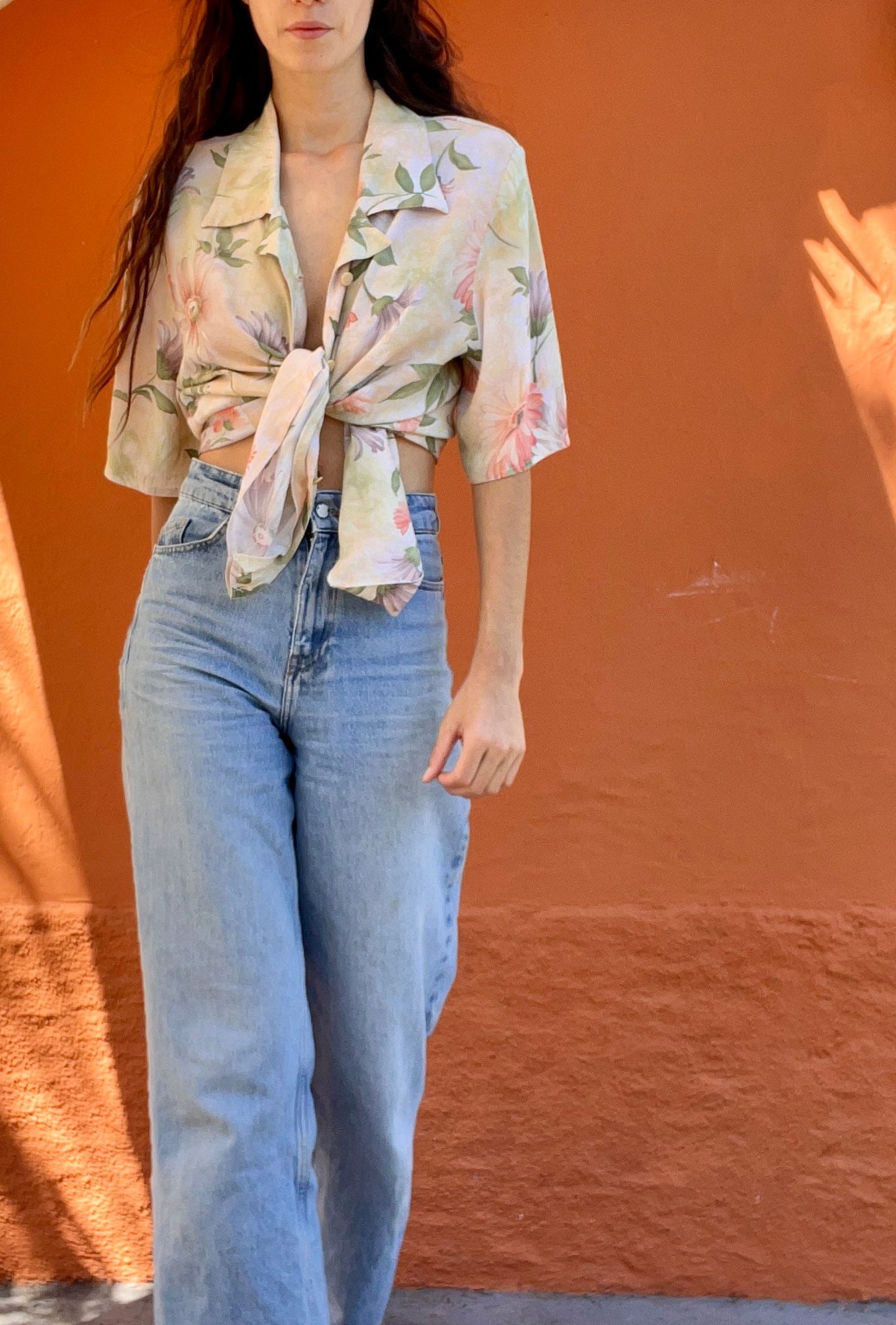 Vintage pastel floral blouse, Sweet flower patterned top, Cute summer shirt, Button-up oversized 70s blouse,