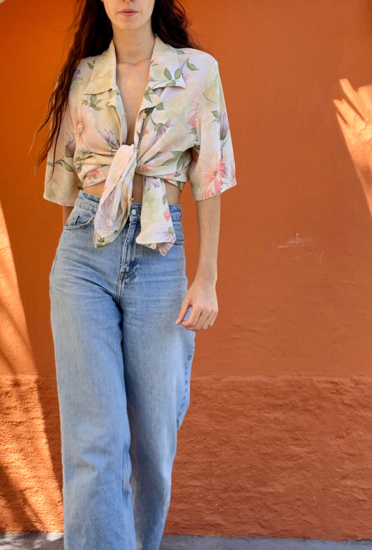 Vintage pastel floral blouse, Sweet flower patterned top, Cute summer shirt, Button-up oversized 70s blouse,