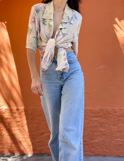 Vintage 70s Pastel Floral Blouse, Button-Up Shirt
