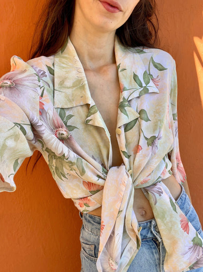 Vintage 70s Pastel Floral Blouse, Button-Up Shirt