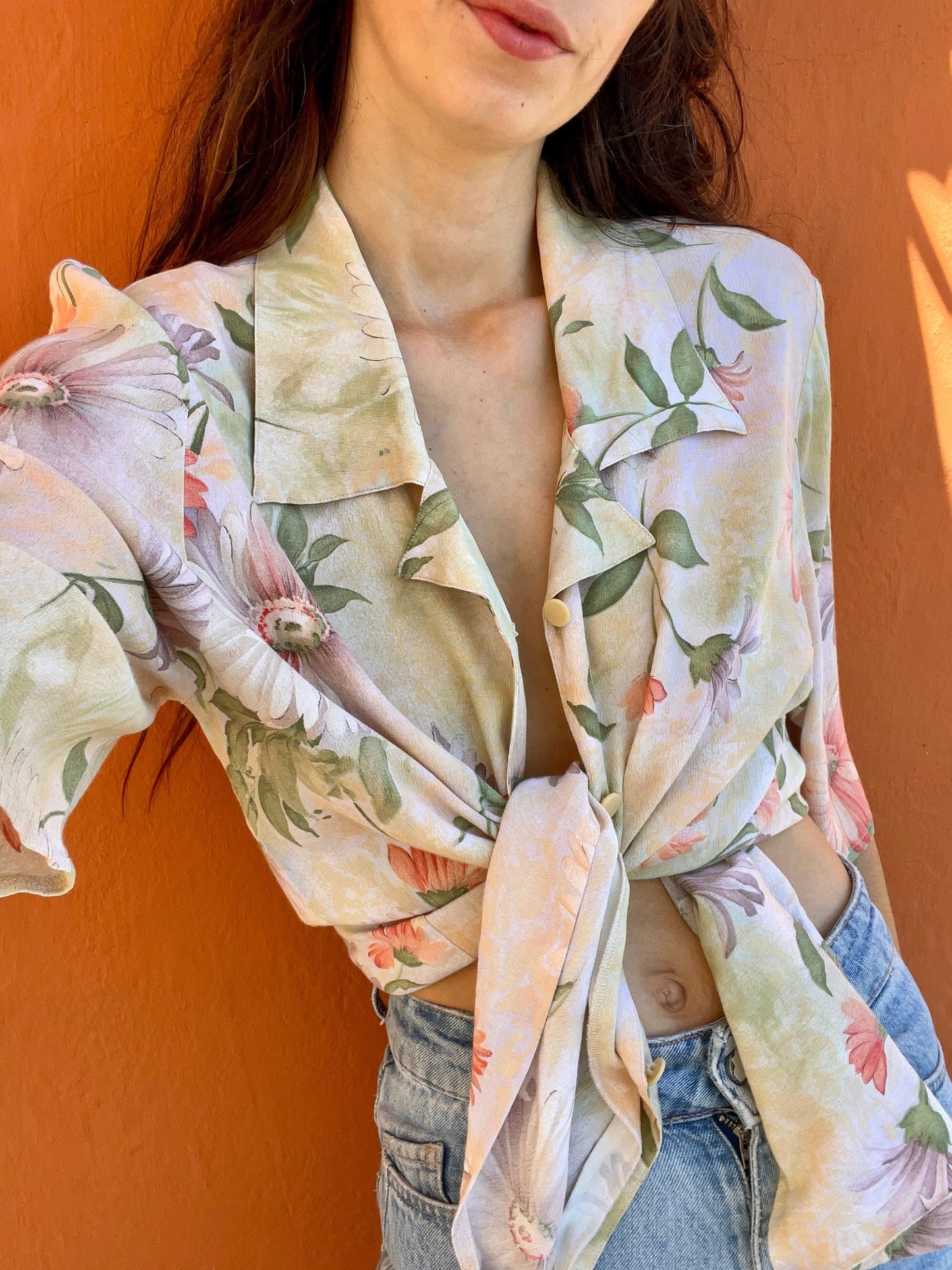 Vintage pastel floral blouse, Sweet flower patterned top, Cute summer shirt, Button-up oversized 70s blouse,