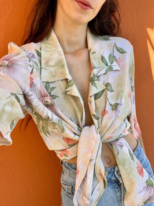 Vintage pastel floral blouse, Sweet flower patterned top, Cute summer shirt, Button-up oversized 70s blouse,