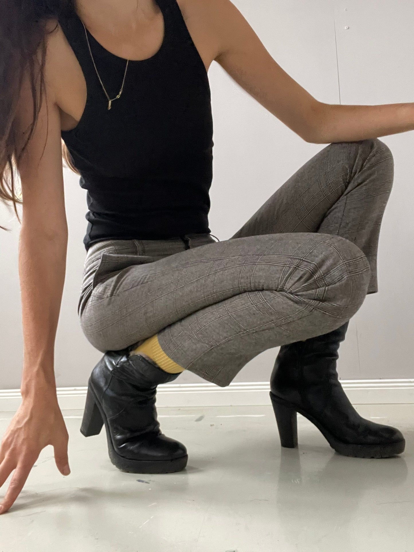 Vintage grey checkered wool Max Mara trousers, Minimalist office straight pants, Mid waist rise winter pants, S