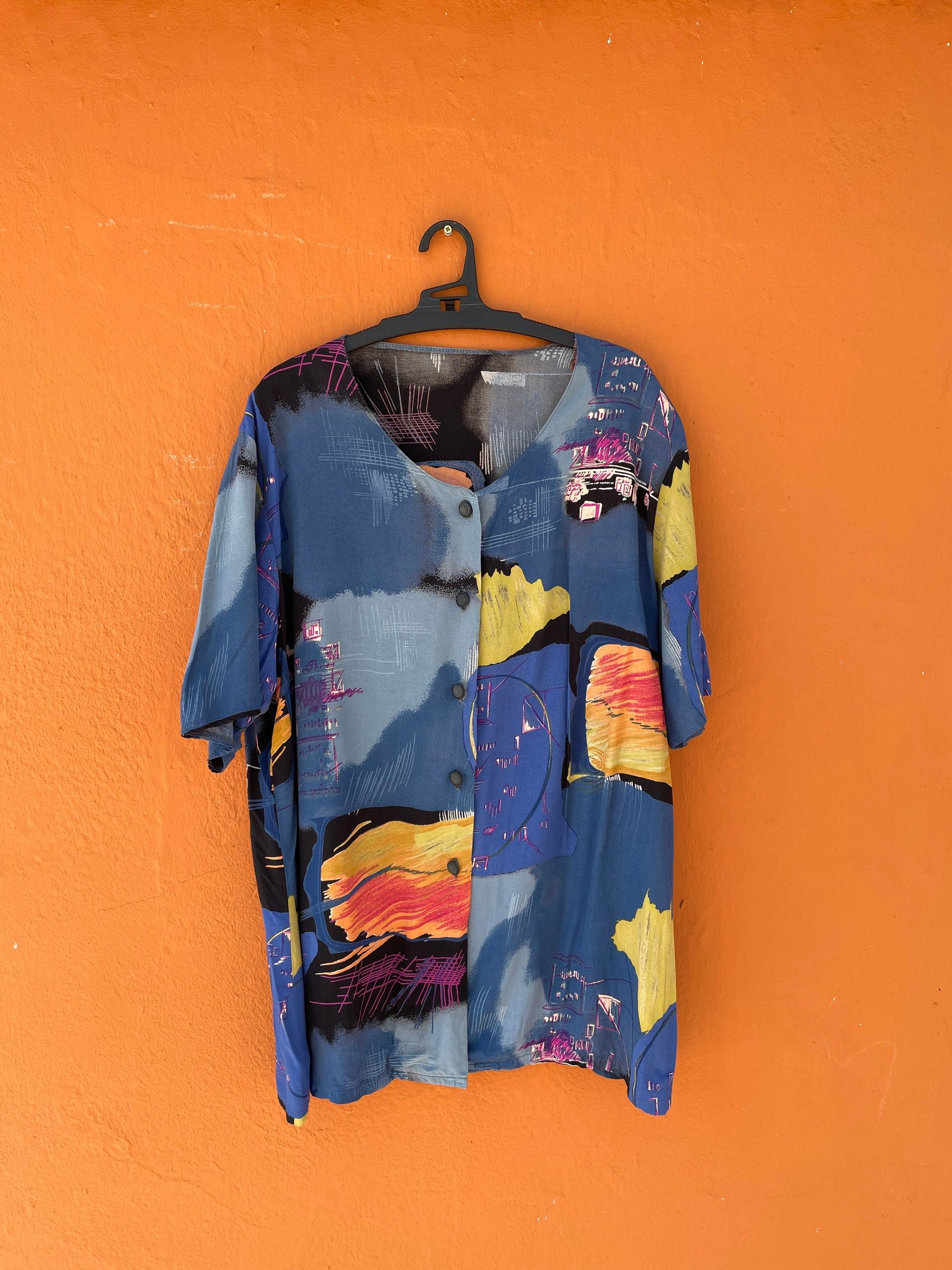 Vintage 80s Women's Blouse Oversized Retro Shirt Abstract Colourful Pattern Loose Fit DE 40 L