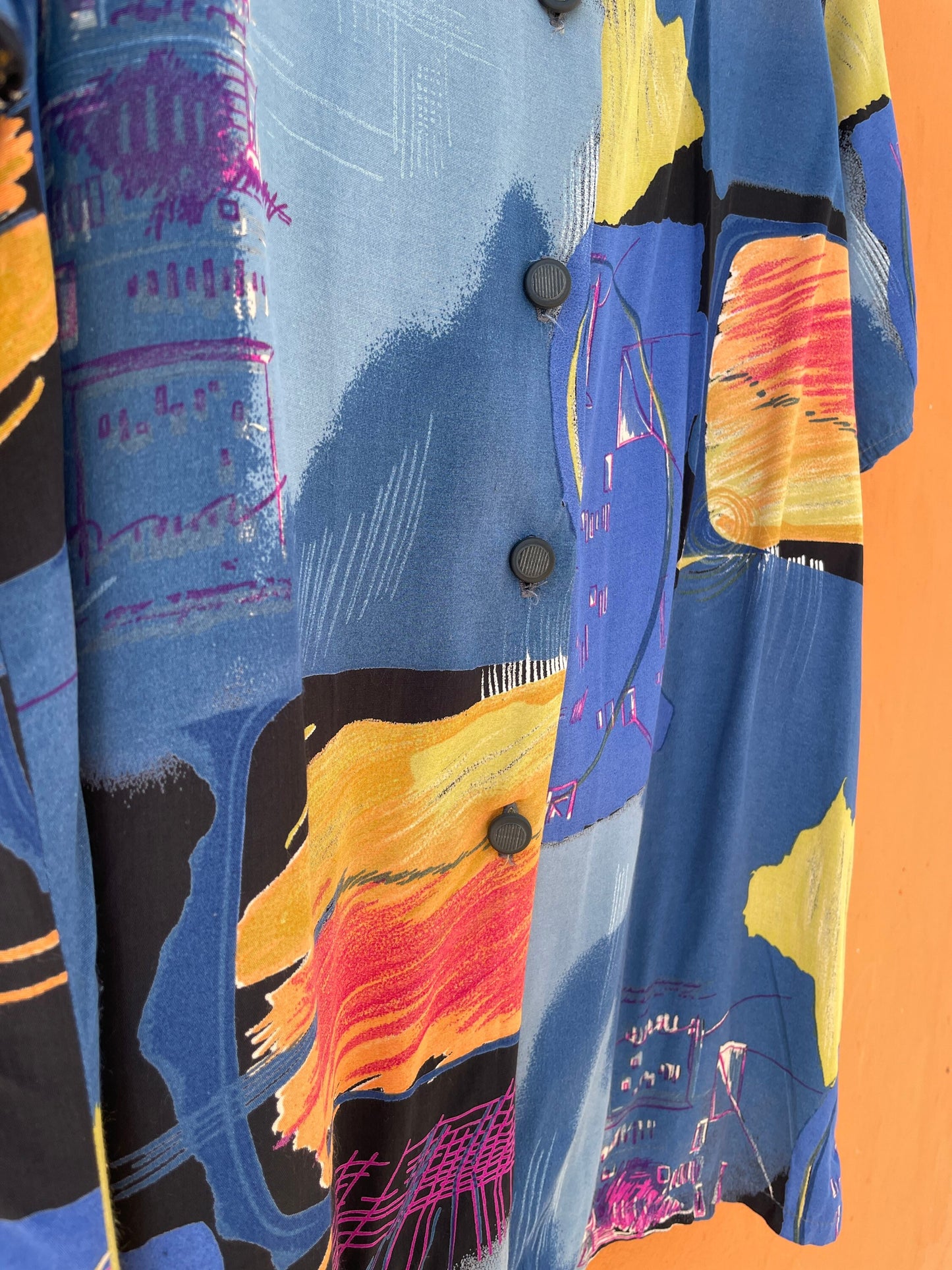 Vintage 80s Women's Blouse Oversized Retro Shirt Abstract Colourful Pattern Loose Fit DE 40 L