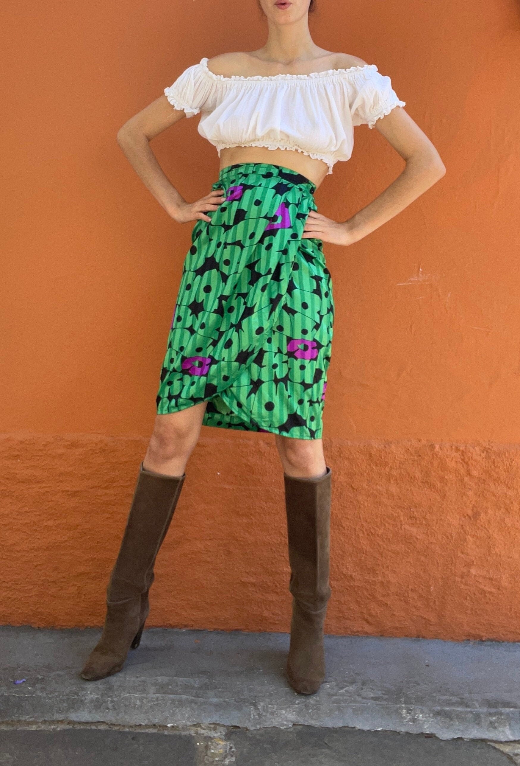 Vintage 80s Floral Wrap Skirt | Bright Green & Purple Retro Print | Handmade Boho Midi