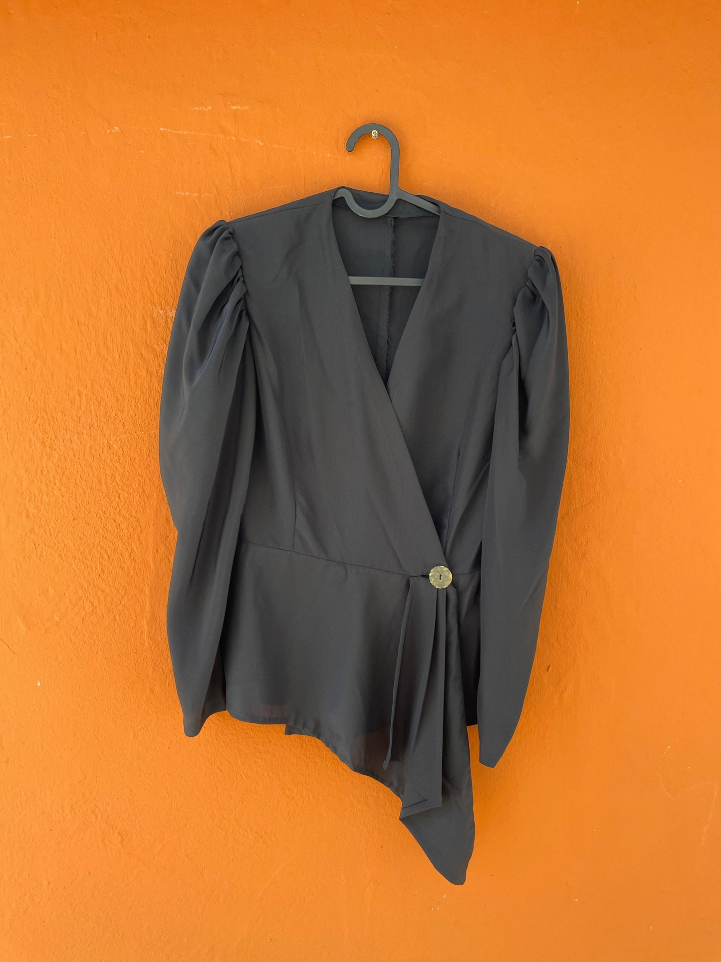 Elegant black vintage woman blouse, Formal cocktail top, 80s design clothing, Padded shoulder eye-catcher shirt, Deep v neck tunic