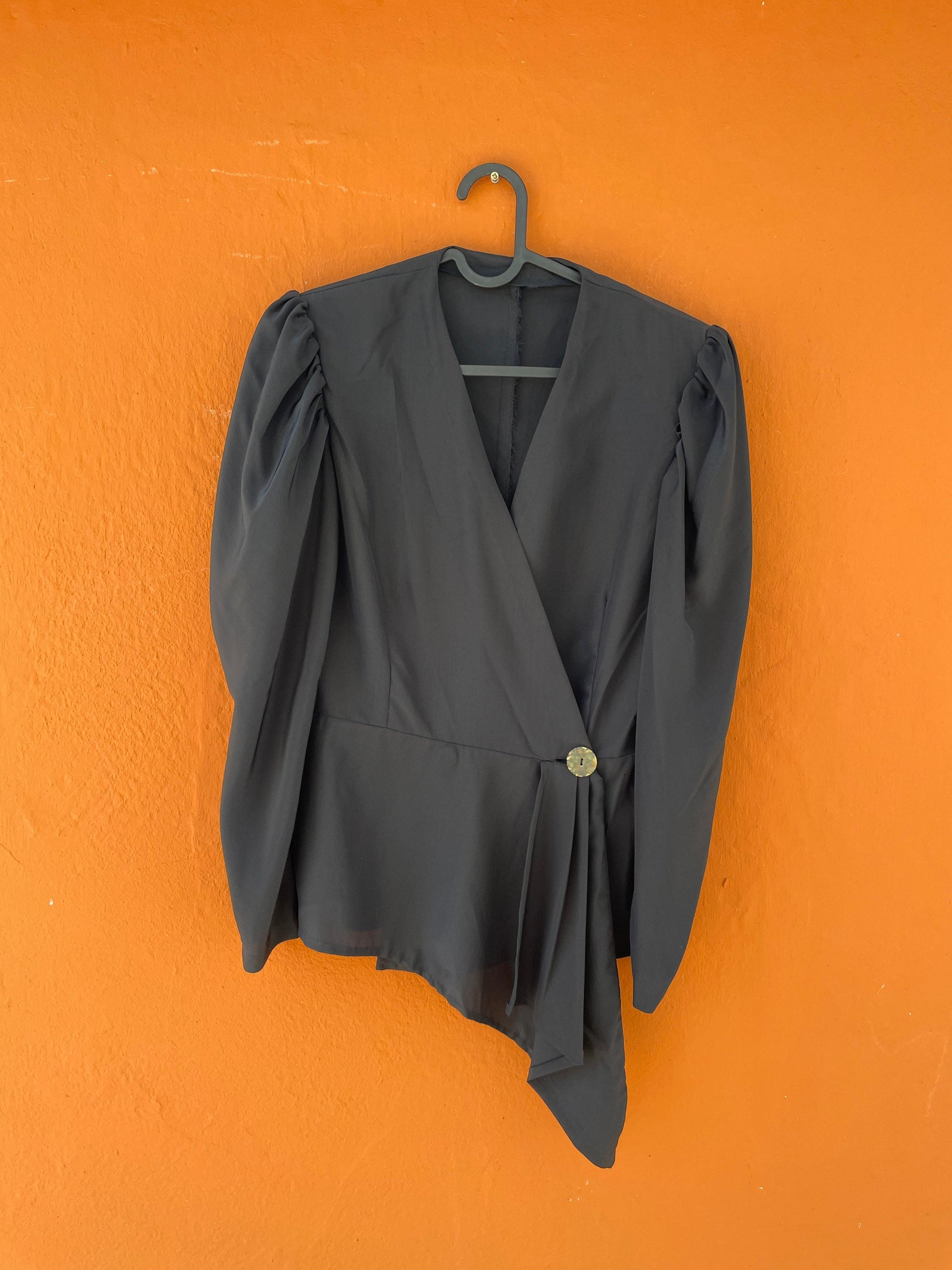 Elegant black vintage woman blouse, Formal cocktail top, 80s design clothing, Padded shoulder eye-catcher shirt, Deep v neck tunic