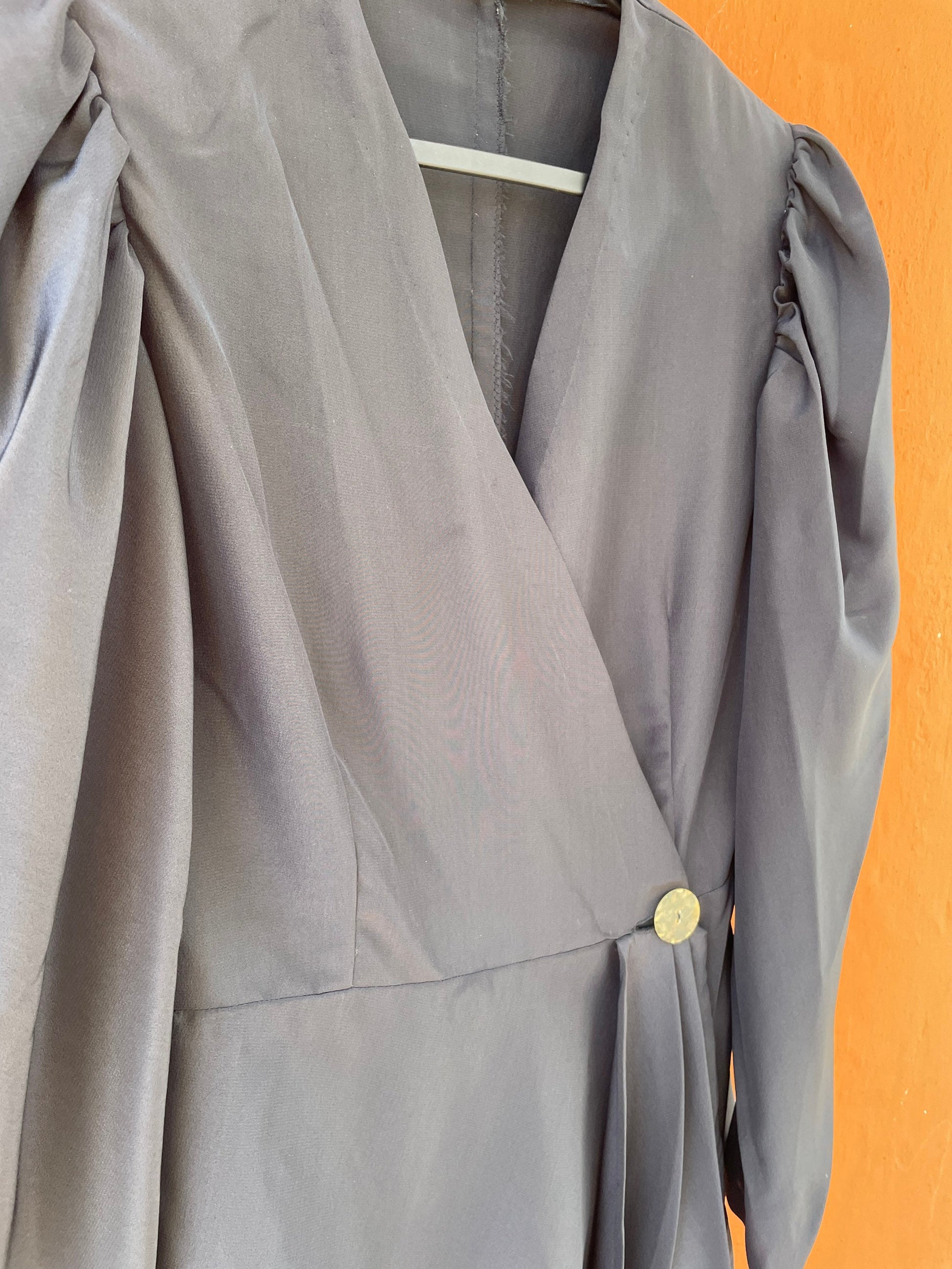 Elegant black vintage woman blouse, Formal cocktail top, 80s design clothing, Padded shoulder eye-catcher shirt, Deep v neck tunic