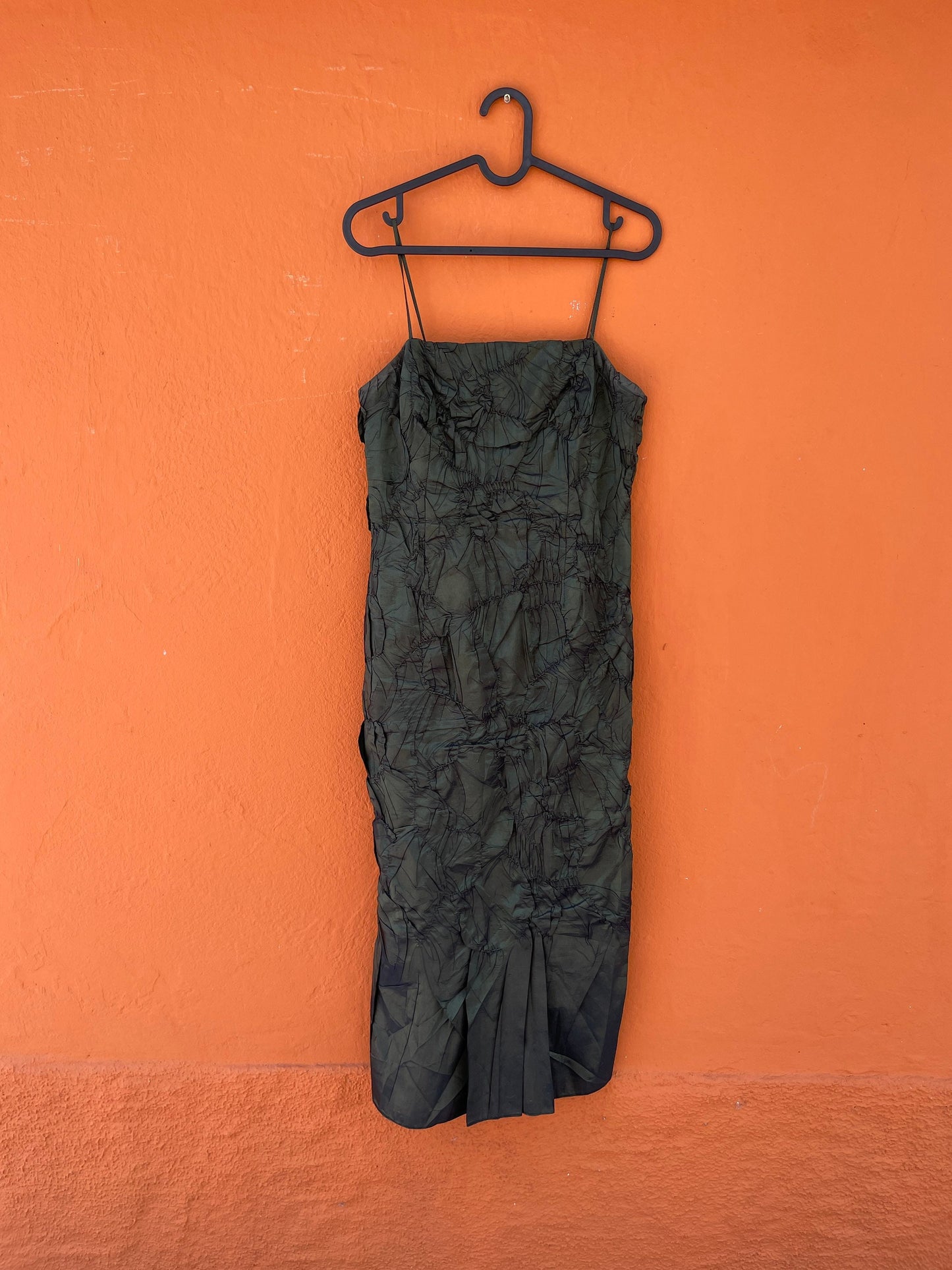 Vintage Paco Guzman moss green midi formal dress, Elegant cocktail dress, Green pencil dress with thin straps, Designer woman clothing