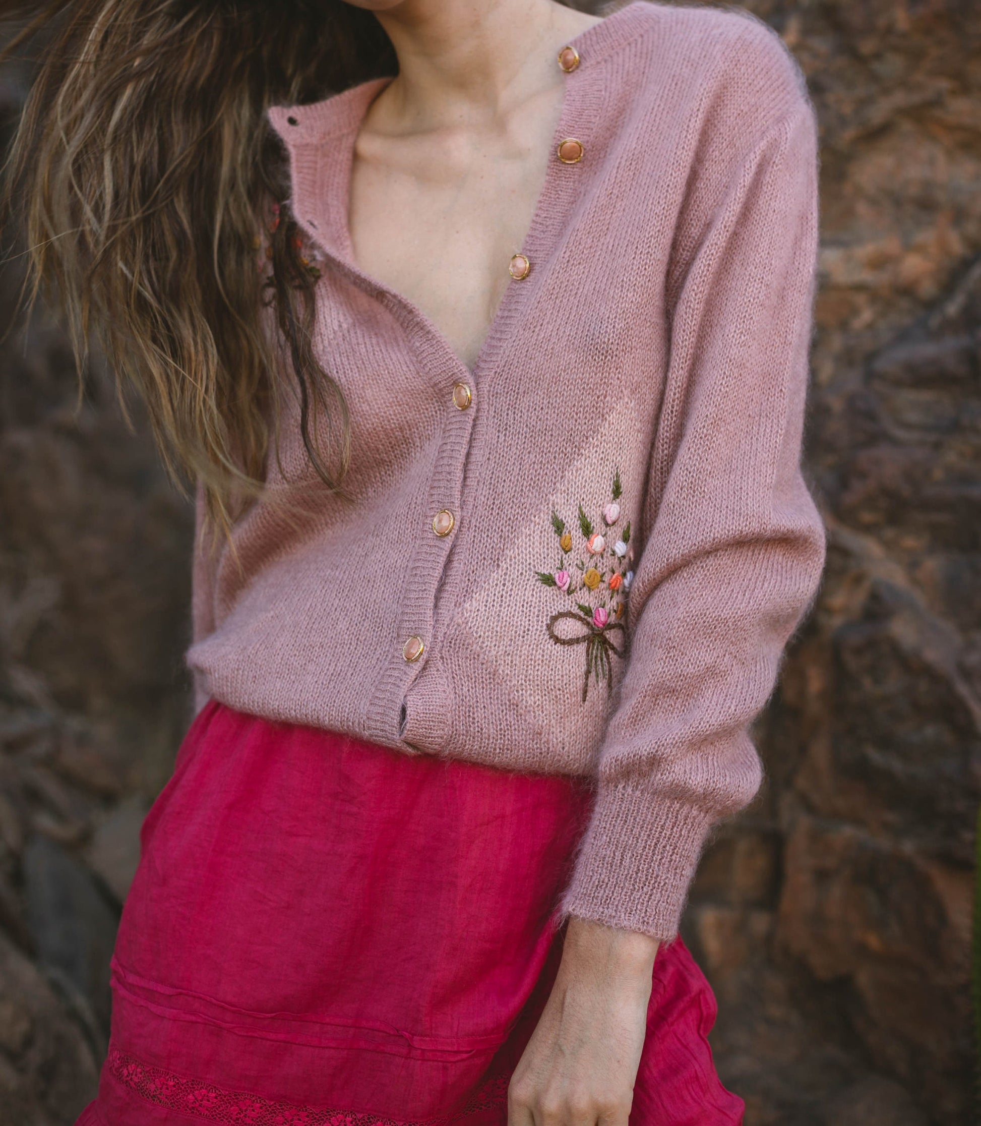Pink Mohair Cardigan with Floral Embroidery, Vintage Cottagecore Grandma Sweater, Cozy Winter Vest with Marble & Gold Buttons