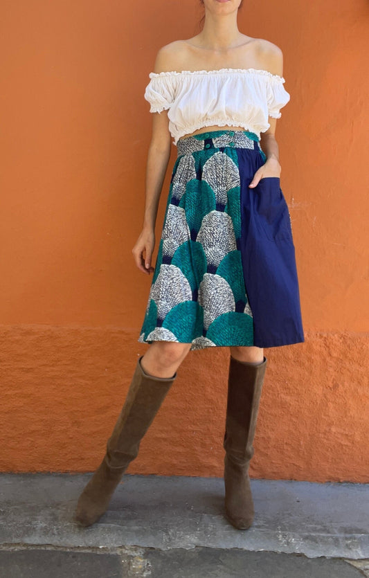 Vintage Francois Lagrange woman skirt, African style summer skirt, Blue and white midi skirt, 60s High waist colourful pring skirt,