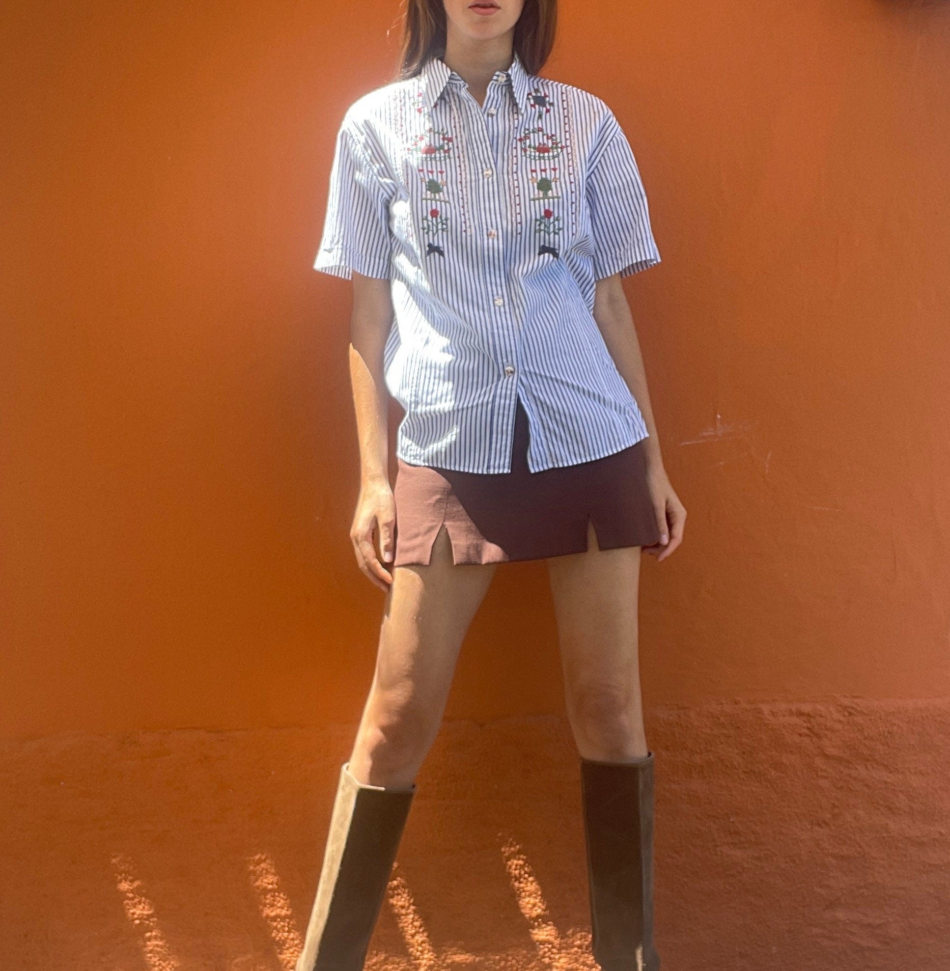 Christmas button up shirt, cotton embroidered blouse, Size M