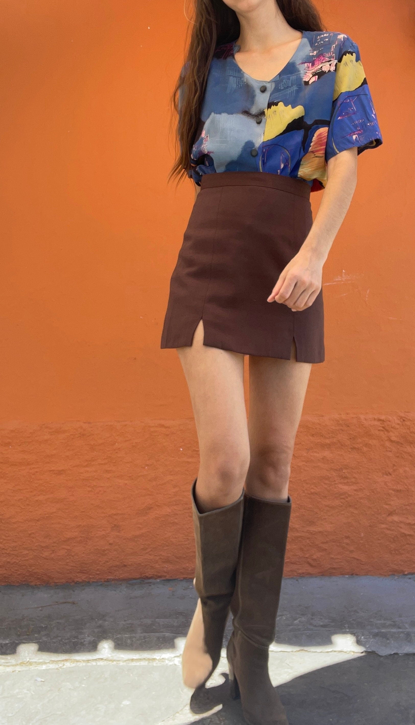 Vintage 80s Women's Blouse Oversized Retro Shirt Abstract Colourful Pattern Loose Fit DE 40 L