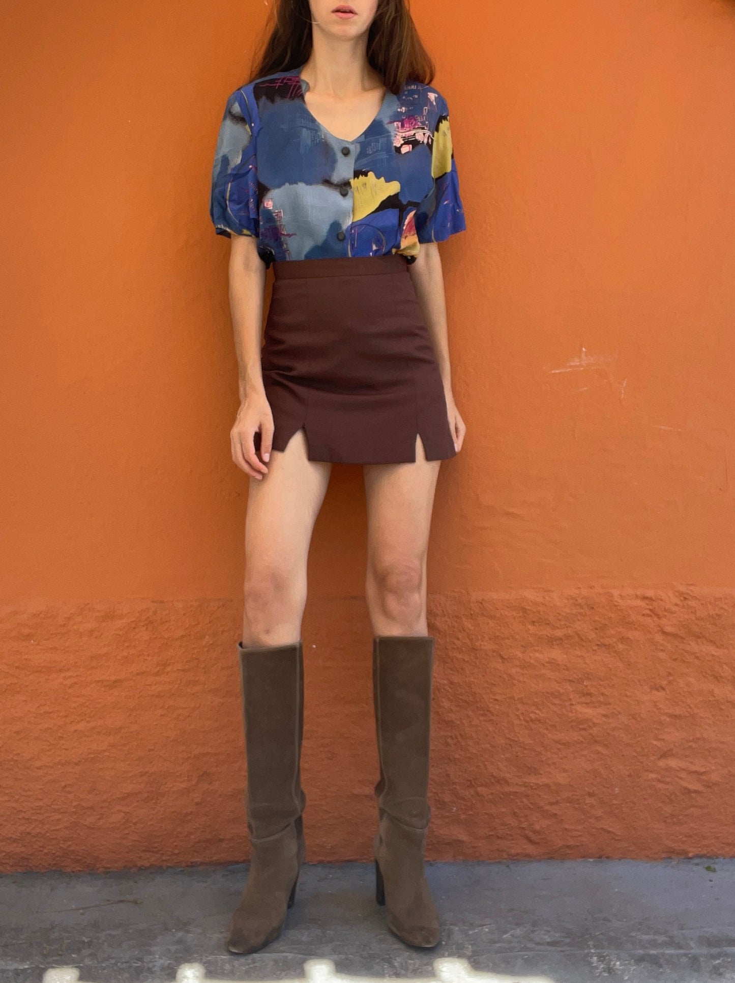 Vintage 80s Women's Blouse Oversized Retro Shirt Abstract Colourful Pattern Loose Fit DE 40 L