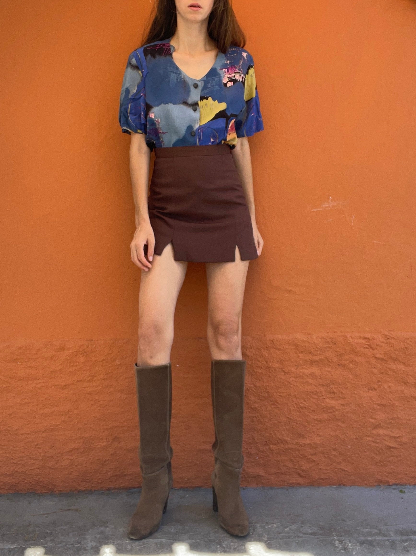 Vintage 80s Women's Blouse Oversized Retro Shirt Abstract Colourful Pattern Loose Fit DE 40 L