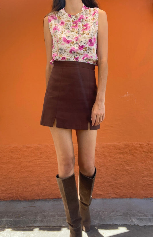 Vintage Sleeveless Floral Blouse – Pink & Neutral Roses – Soft Cotton Blend (Size S)