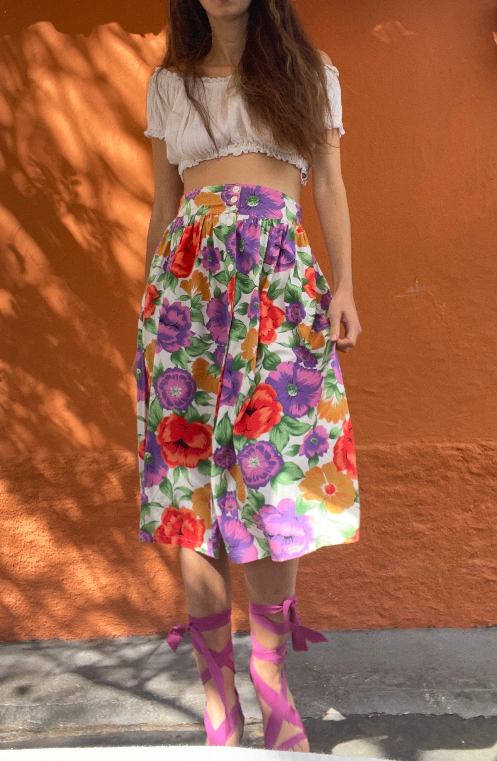 Cottage core floral midi skirt, High waist cotton summer skirt, True vintage Feminine clothing, Retro aesthetic skirt