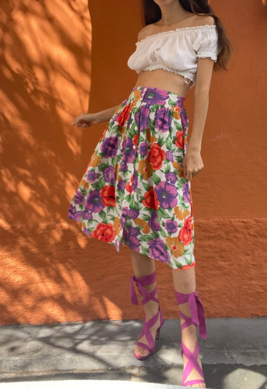 Vintage High Waist Floral Midi Skirt with Bright Poppy Print Elastic Waist 80s Cottagecore Picnic Coquette Look