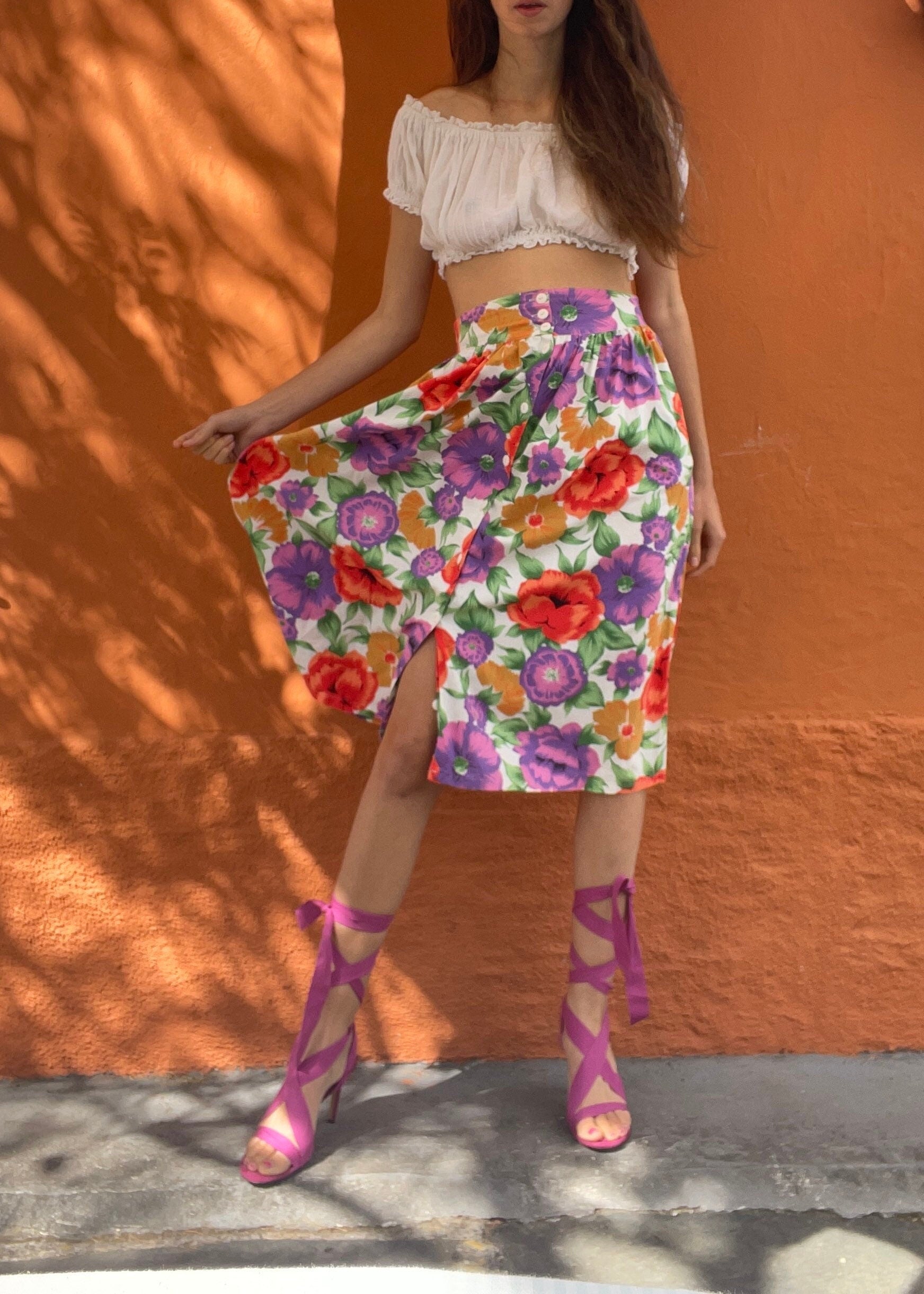 Cottage core floral midi skirt, High waist cotton summer skirt, True vintage Feminine clothing, Retro aesthetic skirt