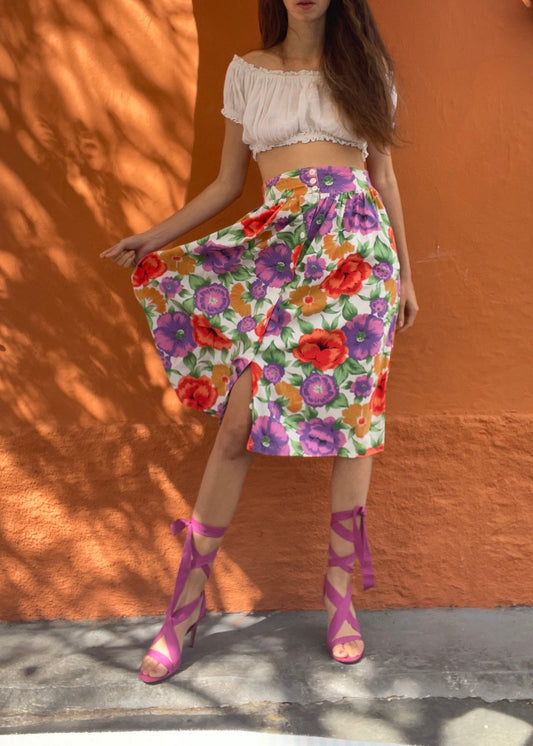 Vintage High Waist Floral Midi Skirt with Bright Poppy Print Elastic Waist 80s Cottagecore Picnic Coquette Look