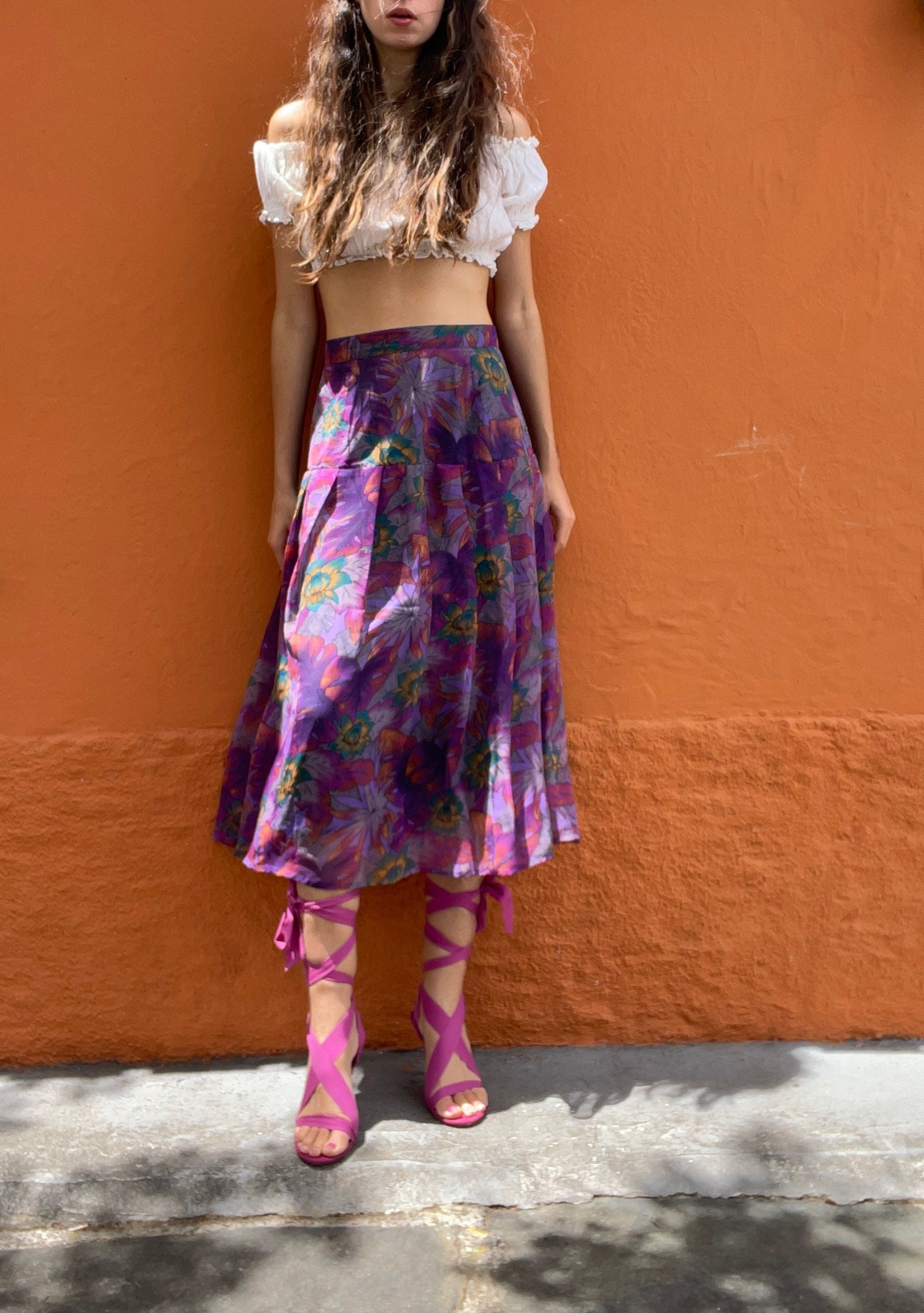 Long high waist summer skirt, Vintage purple floral feminine skirt, Long elegant skirt, True vintage Maxi skirt