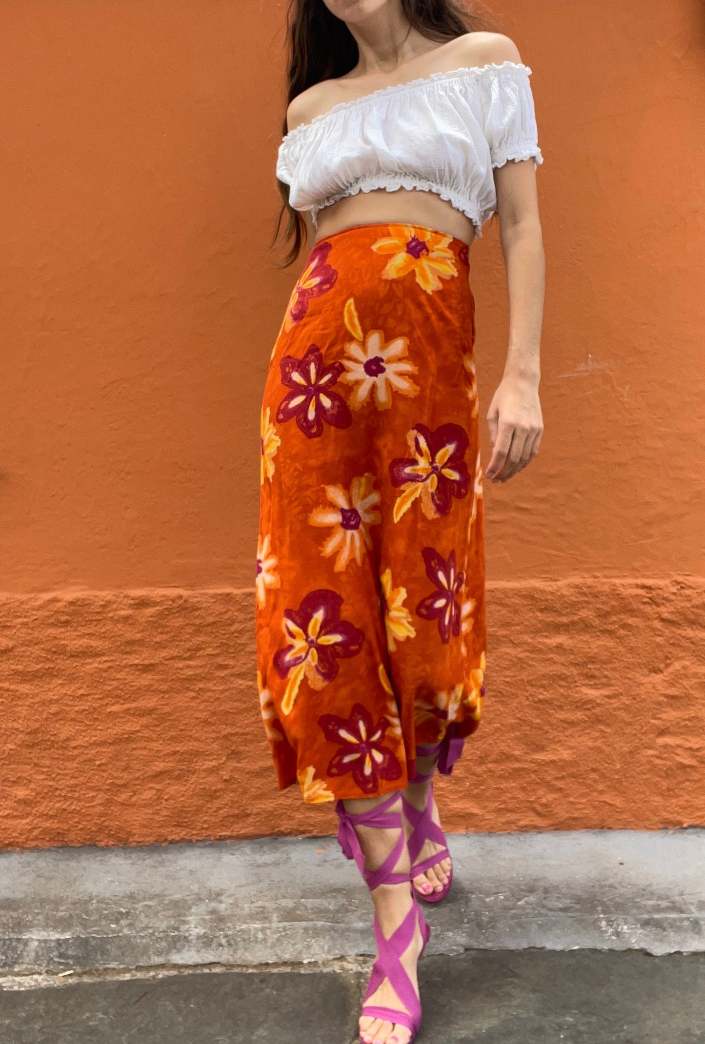 Orange floral maxi skirt, Pareo beach clothing, Feminine elegant high waist skirt, Romantic dreamy summer skirt, S