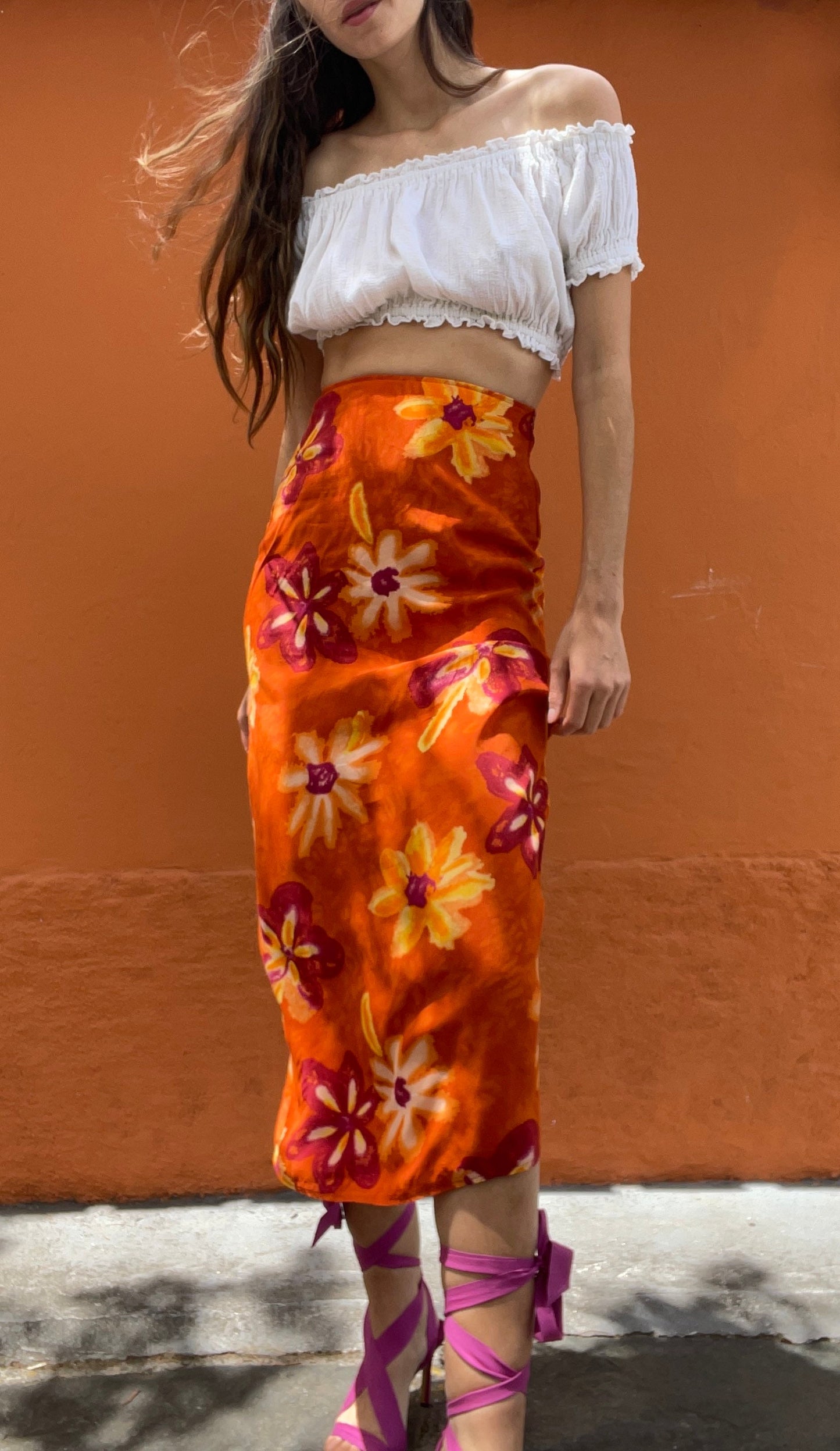 Orange floral maxi skirt, Pareo beach clothing, Feminine elegant high waist skirt, Romantic dreamy summer skirt, S