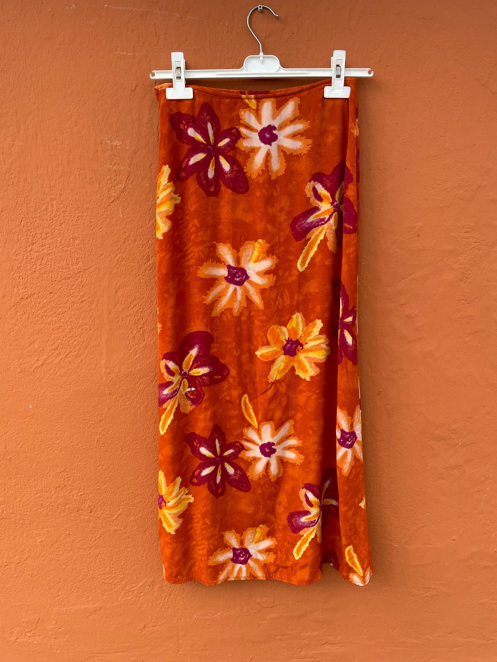 Orange floral maxi skirt, Pareo beach clothing, Feminine elegant high waist skirt, Romantic dreamy summer skirt, S