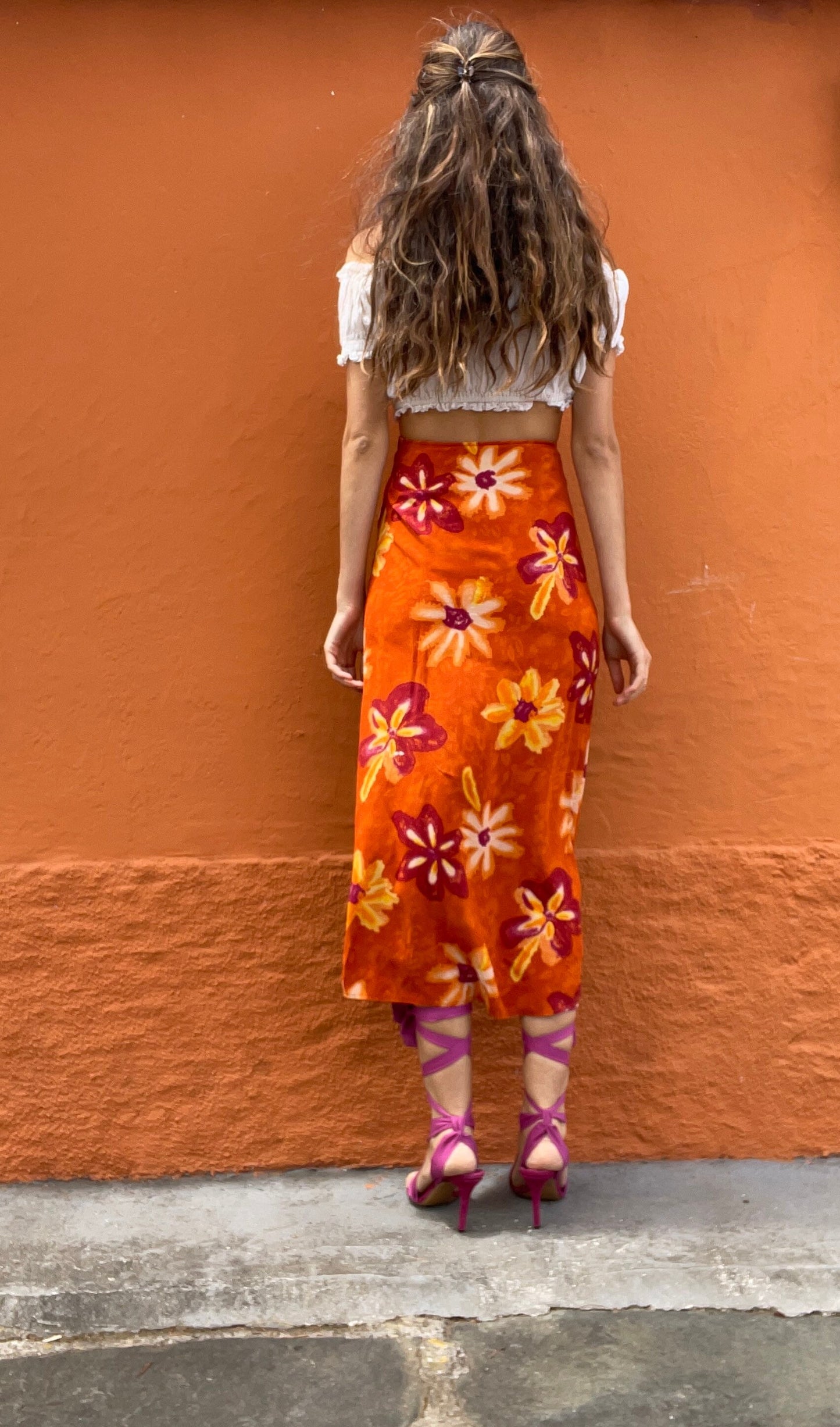 Orange floral maxi skirt, Pareo beach clothing, Feminine elegant high waist skirt, Romantic dreamy summer skirt, S