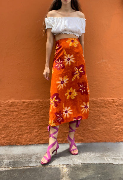 Orange Floral High Waist Maxi Skirt