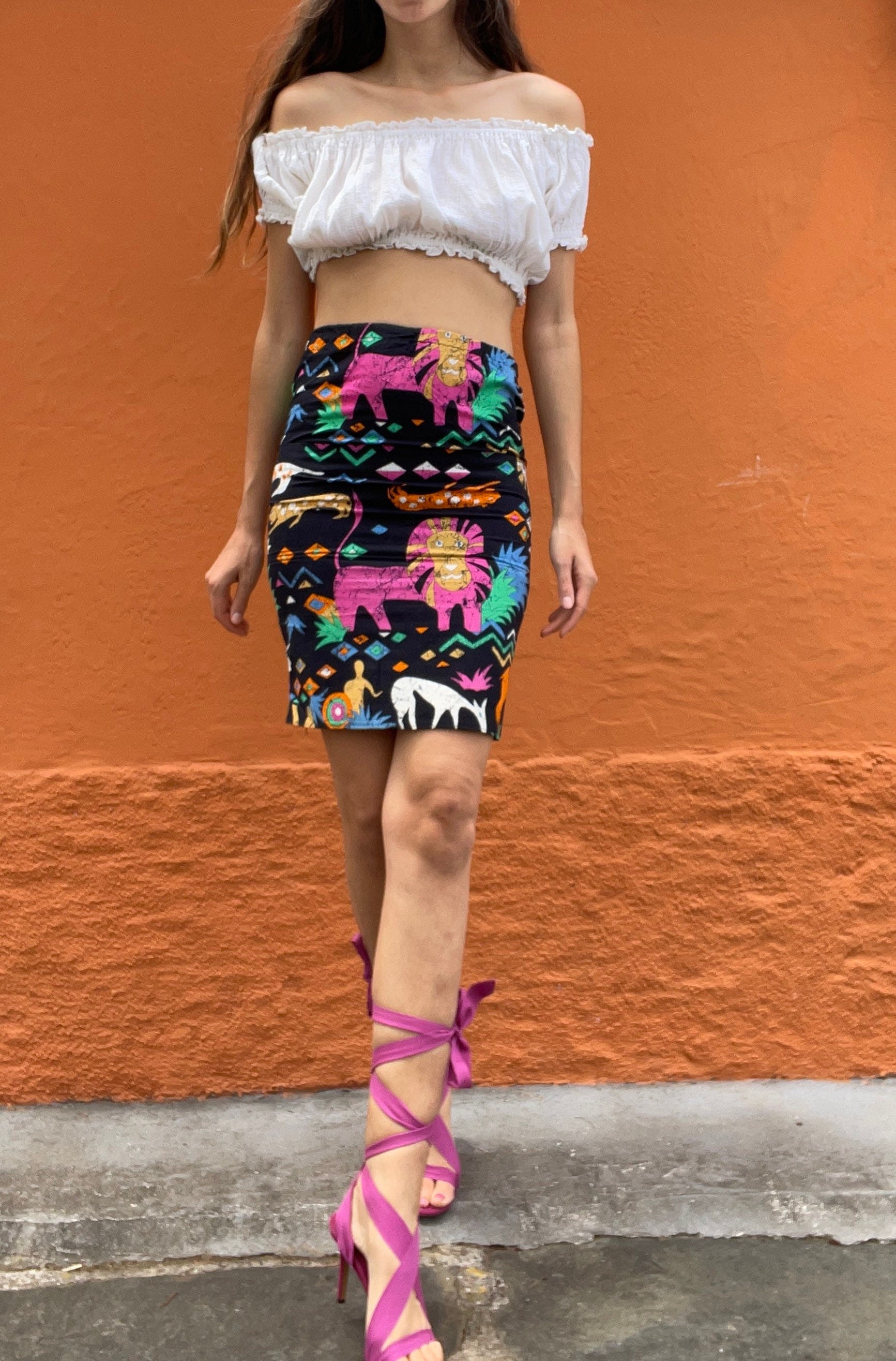 Ethnographic colourful short skirt, Handmade cheerful summer skirt with playful print, African cotton clothing, Aztec retro mini skirt