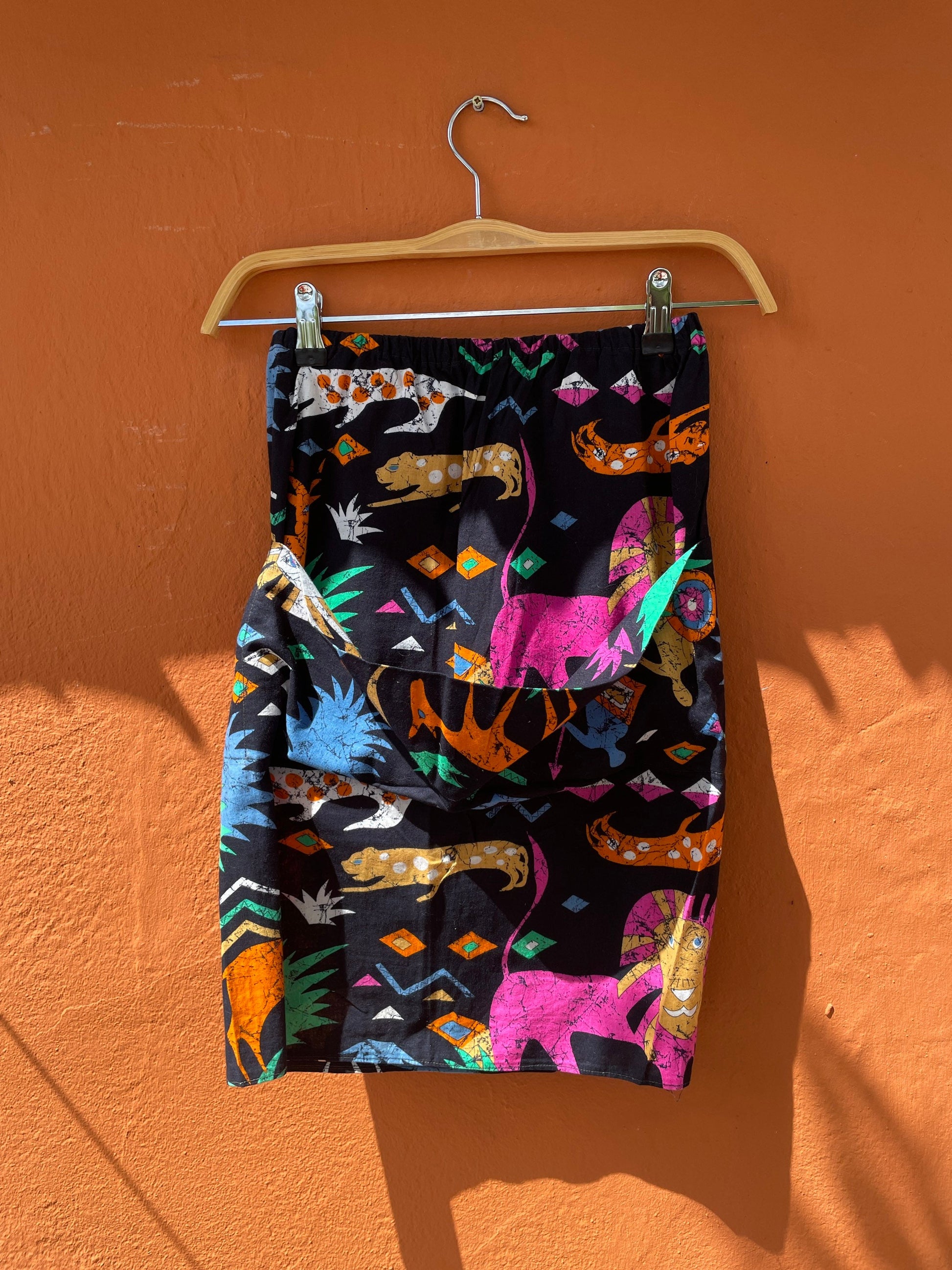 Ethnographic colourful short skirt, Handmade cheerful summer skirt with playful print, African cotton clothing, Aztec retro mini skirt