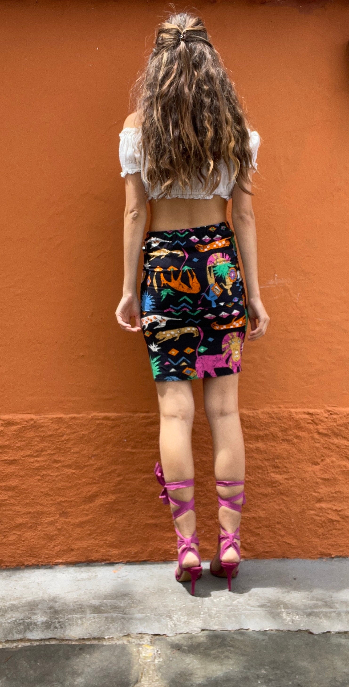 Ethnographic colourful short skirt, Handmade cheerful summer skirt with playful print, African cotton clothing, Aztec retro mini skirt