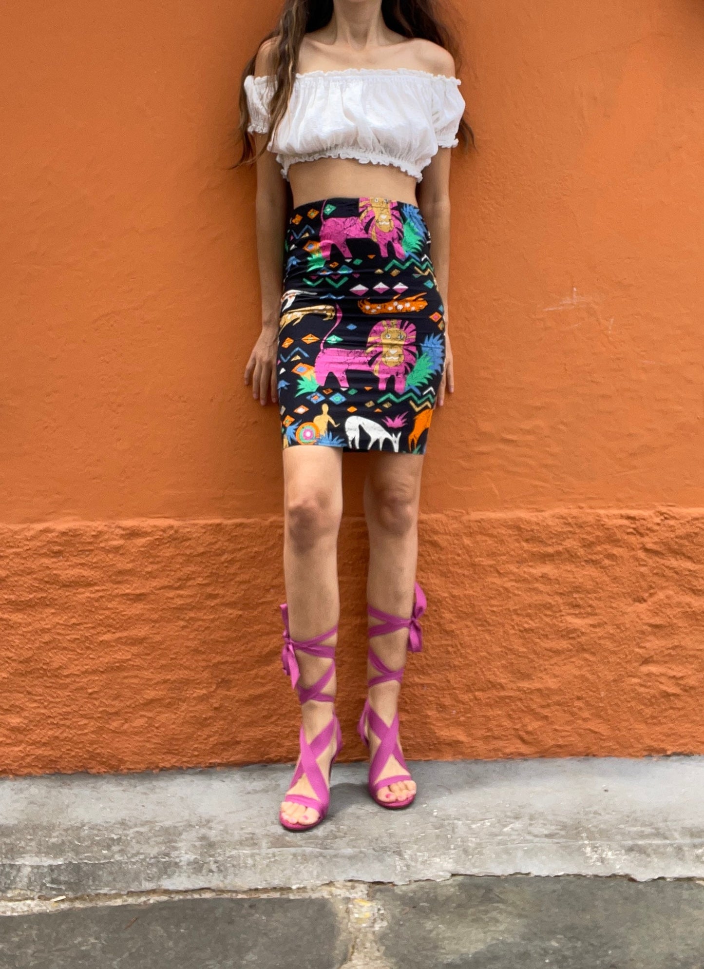 Ethnographic colourful short skirt, Handmade cheerful summer skirt with playful print, African cotton clothing, Aztec retro mini skirt